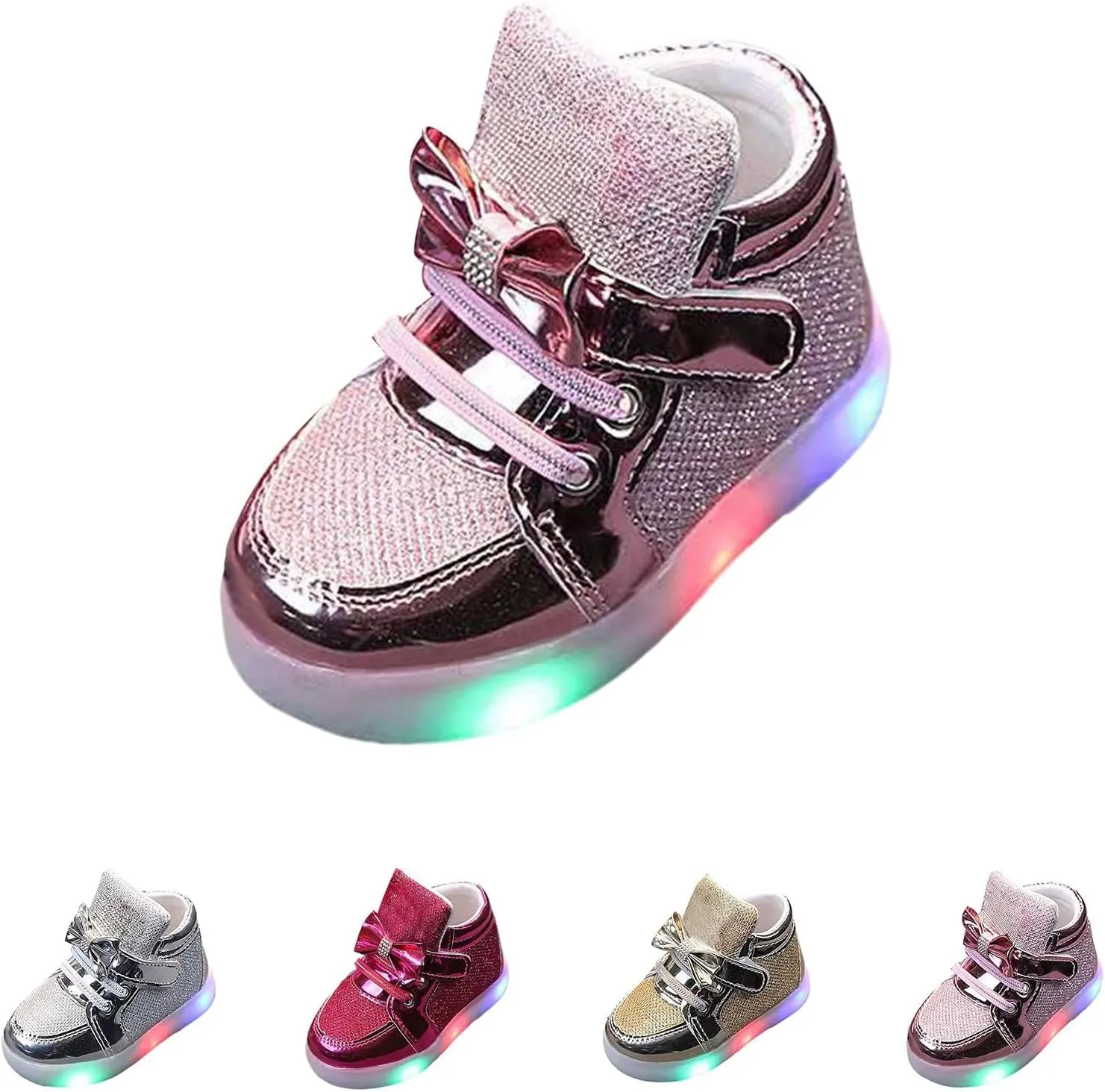 Fashion Toddler LED Light Shoes Boys Girls Bow Glitter Sequins Light Up Sneakers Kids Casual Soft Sole Shiny Shoes