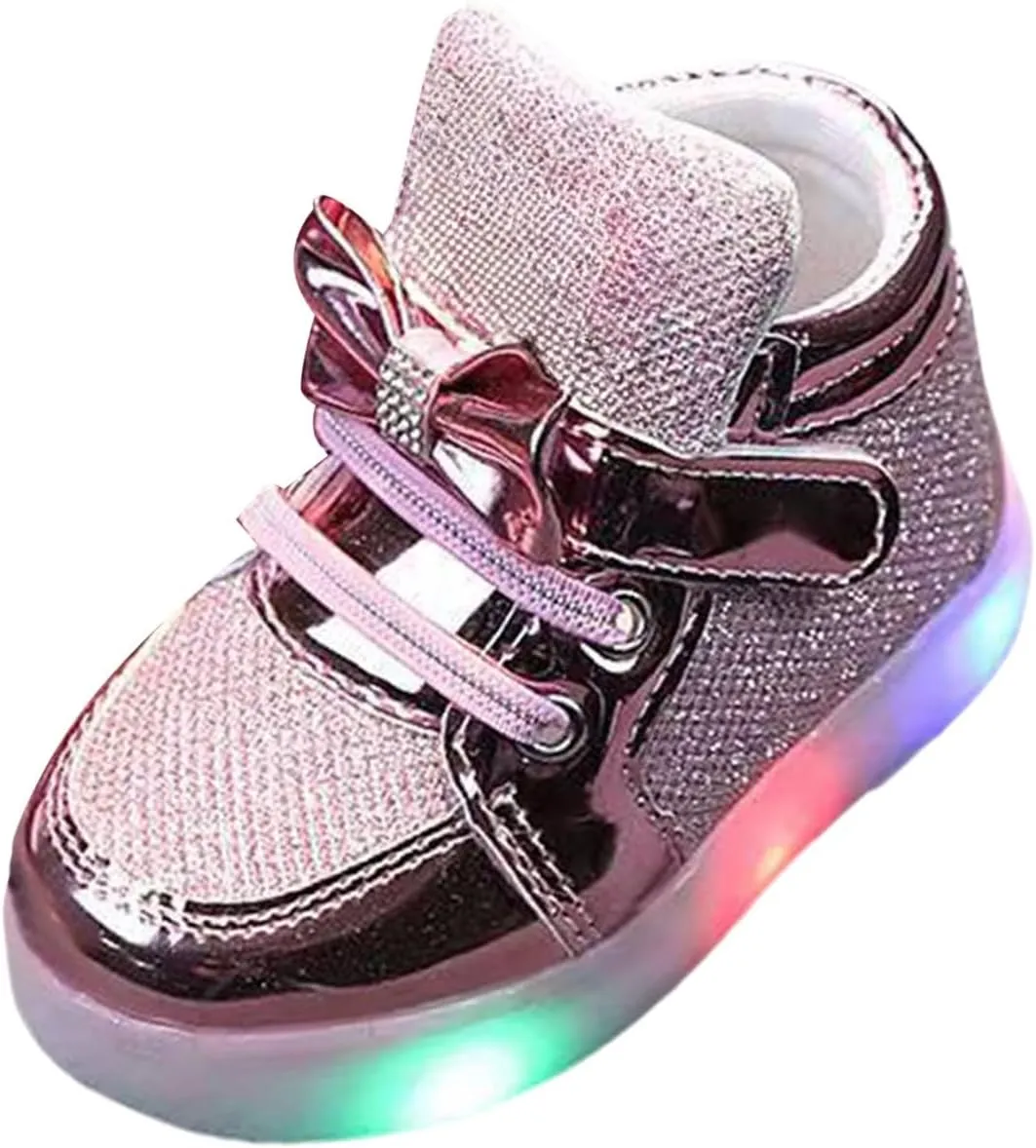 Fashion Toddler LED Light Shoes Boys Girls Bow Glitter Sequins Light Up Sneakers Kids Casual Soft Sole Shiny Shoes