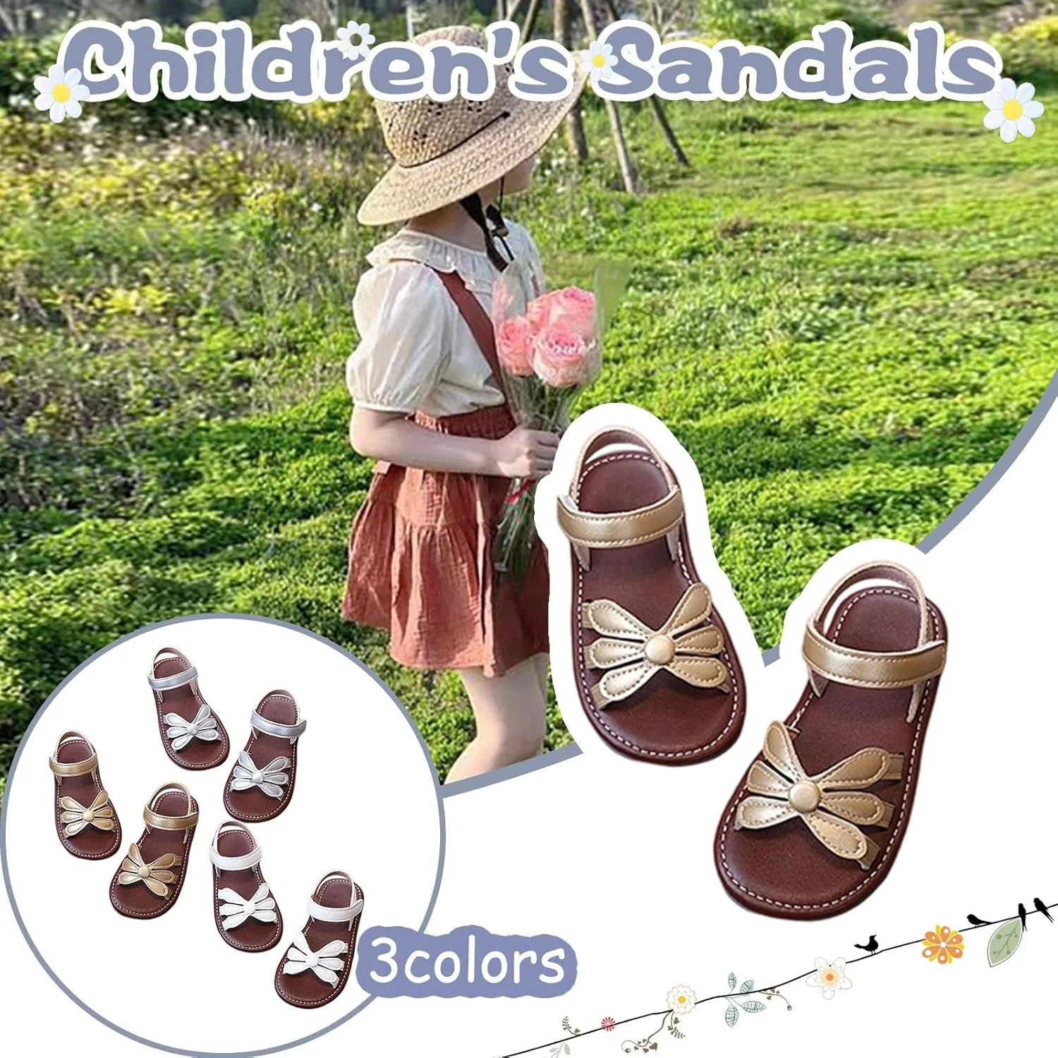 Floral Princess Flat Sandals for Baby Girls Soft Sole Dress Shoes with Non-Slip Tread, Summer Wedding Flower Girl Toddler Sizes 1-6 Years
