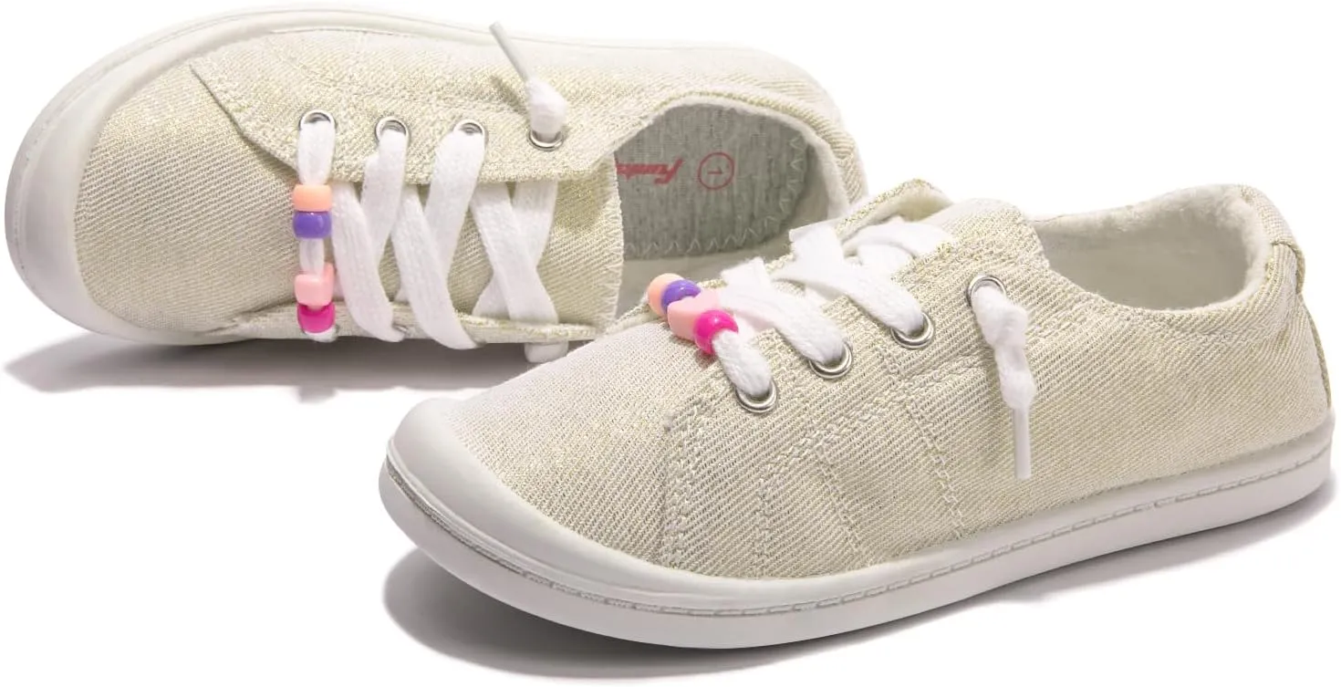 FUNKYMONKEY Girls Canvas Sneakers Lace up Lightweight Casual School Shoes for Toddler/Little Kids