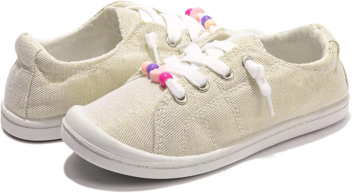 FUNKYMONKEY Girls Canvas Sneakers Lace up Lightweight Casual School Shoes for Toddler/Little Kids
