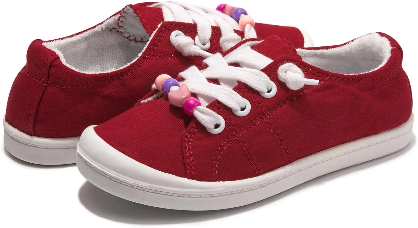 FUNKYMONKEY Girls Canvas Sneakers Lace up Lightweight Casual School Shoes for Toddler/Little Kids