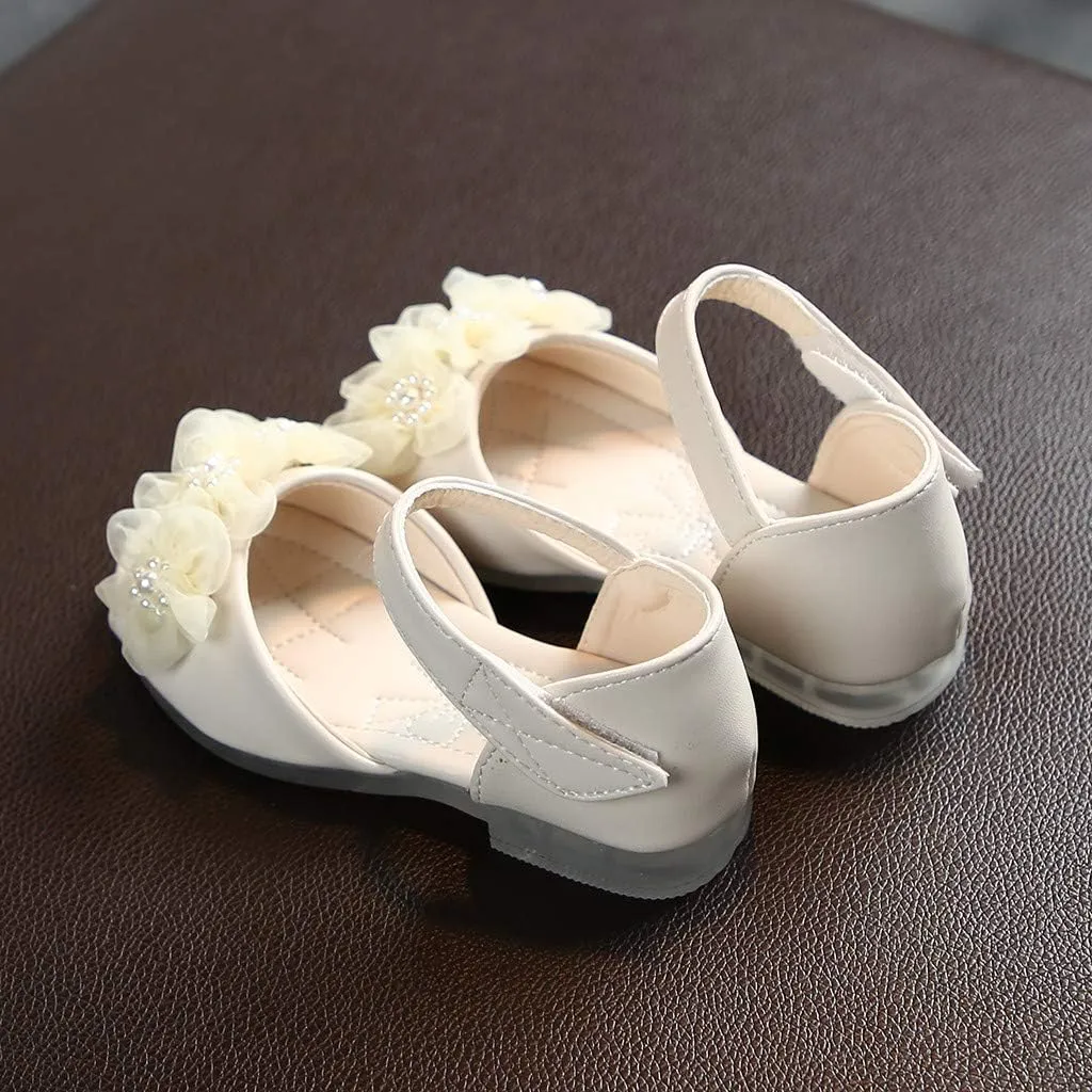 Girls Sandals Summer Open Toe Flats Shoes Dress Sandals Baby Girls Pearl Floral Party Princess Leather Shoes Sandals (Beige, 5.5-6Years)