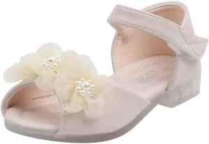 Girls Sandals Summer Open Toe Flats Shoes Dress Sandals Baby Girls Pearl Floral Party Princess Leather Shoes Sandals (Beige, 5.5-6Years)