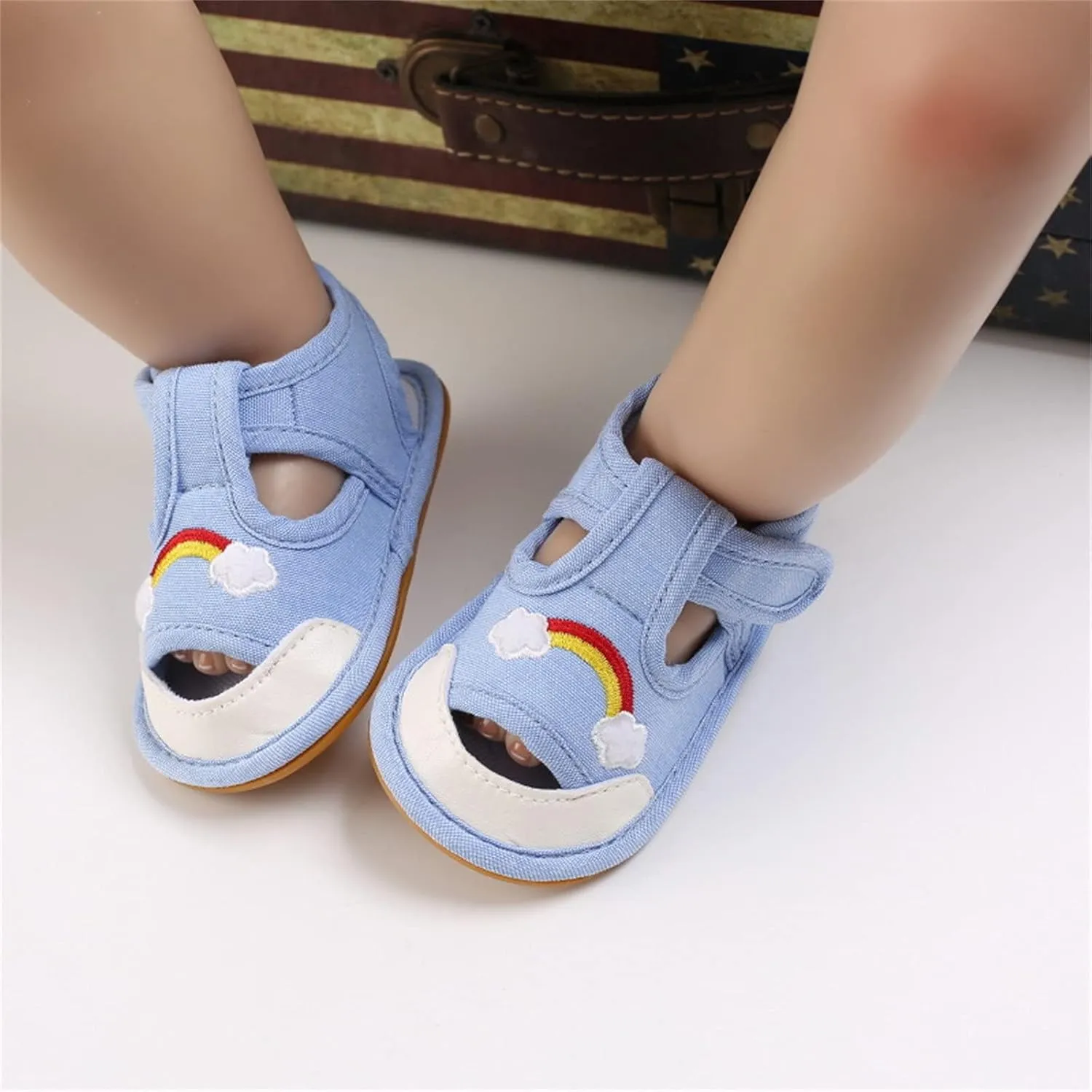 Infant Baby Girls Boys Rainbow Sandals Summer Soft Anti-Slip Rubber Sole Outdoor Crib Shoes Toddler Flats Shoes (Sky Blue-02#e, 6-12 Months)