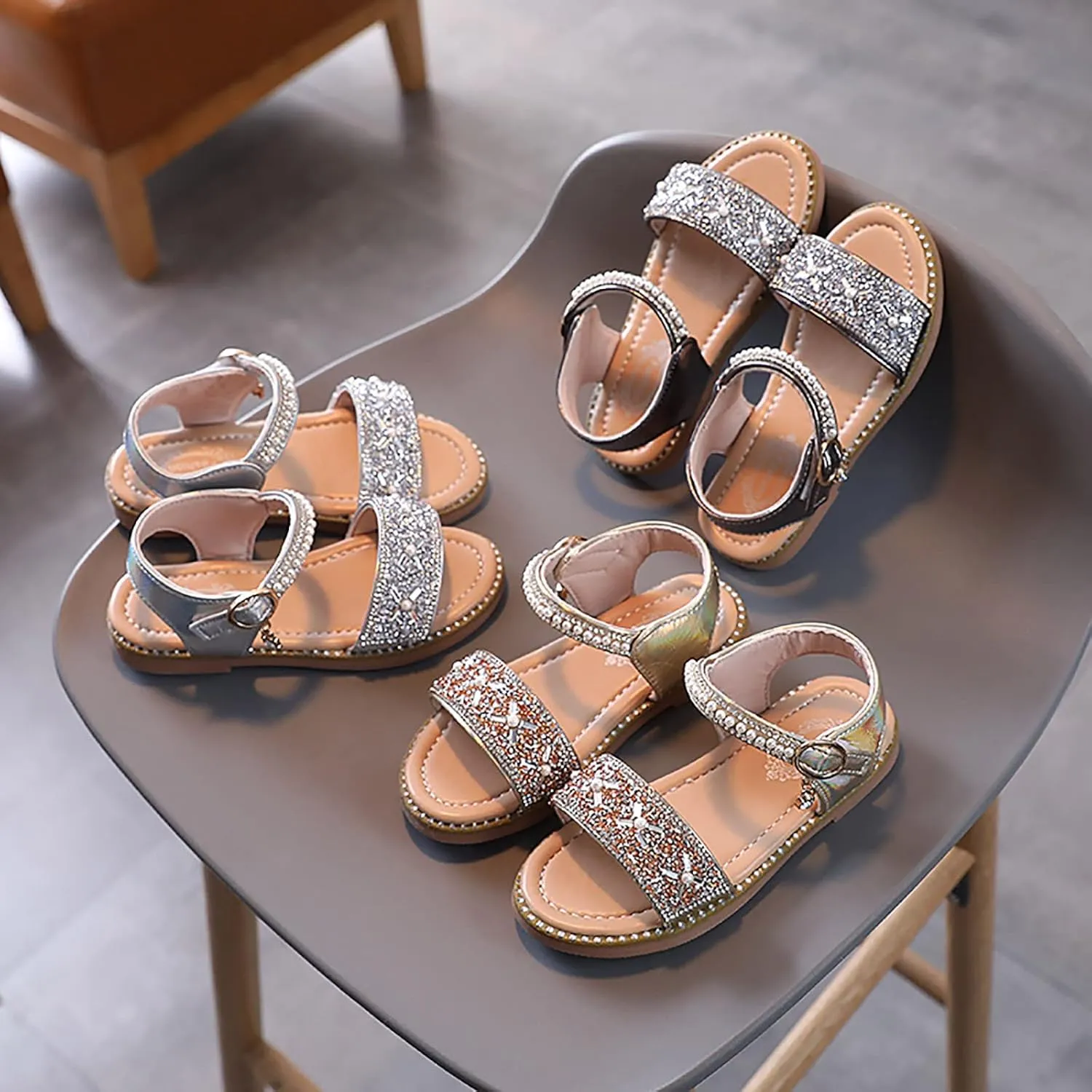 Kid Baby Girls Boys Child Shoes Summer Open Toe Rhinestone Sandals Soft Sole Anti Slip Shoes Princess (Bronze, 6 Infant)