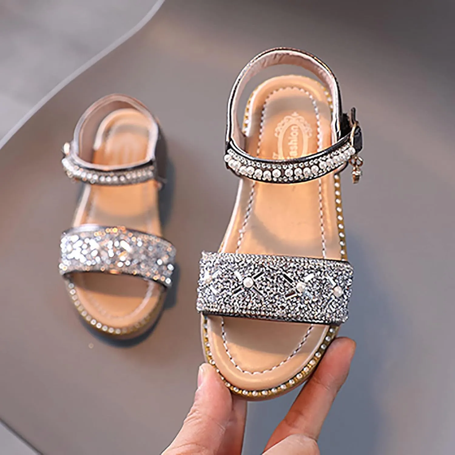Kid Baby Girls Boys Child Shoes Summer Open Toe Rhinestone Sandals Soft Sole Anti Slip Shoes Princess (Bronze, 6 Infant)