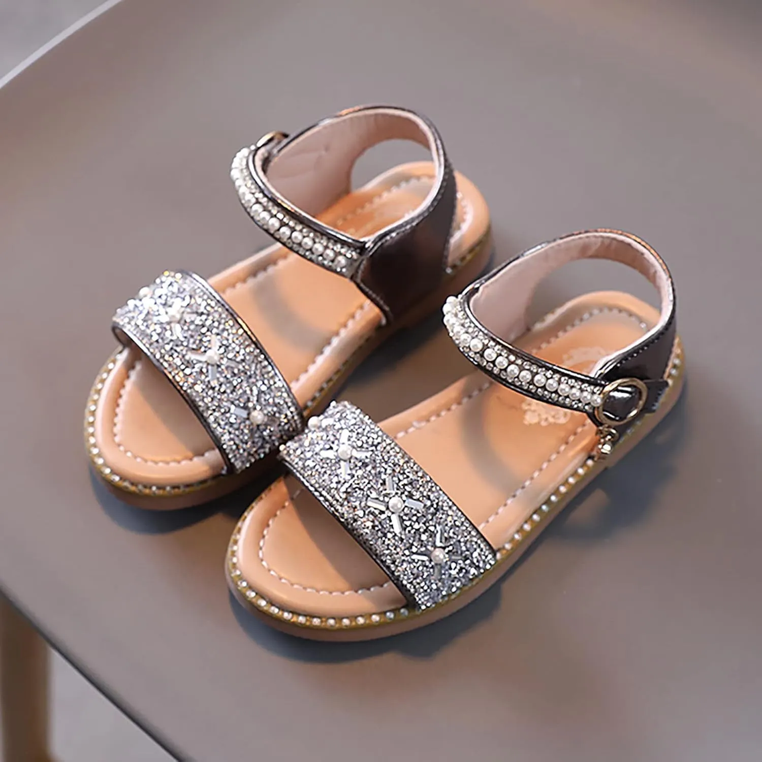 Kid Baby Girls Boys Child Shoes Summer Open Toe Rhinestone Sandals Soft Sole Anti Slip Shoes Princess (Bronze, 6 Infant)
