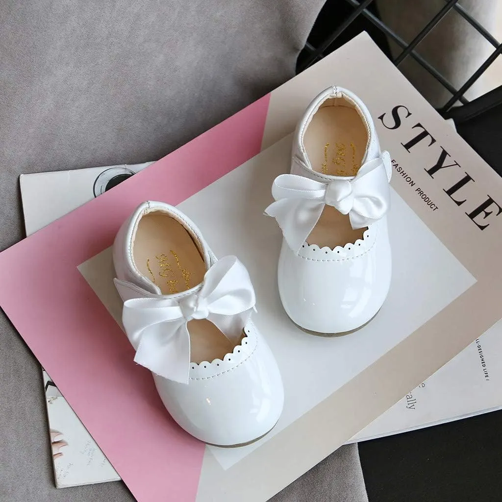 Kids Girls Leather Sneaker with Bows Toddler Baby Infant Newborn Soft Sole Ankle Flat Sport Shoes Outdoor Dance Shoes