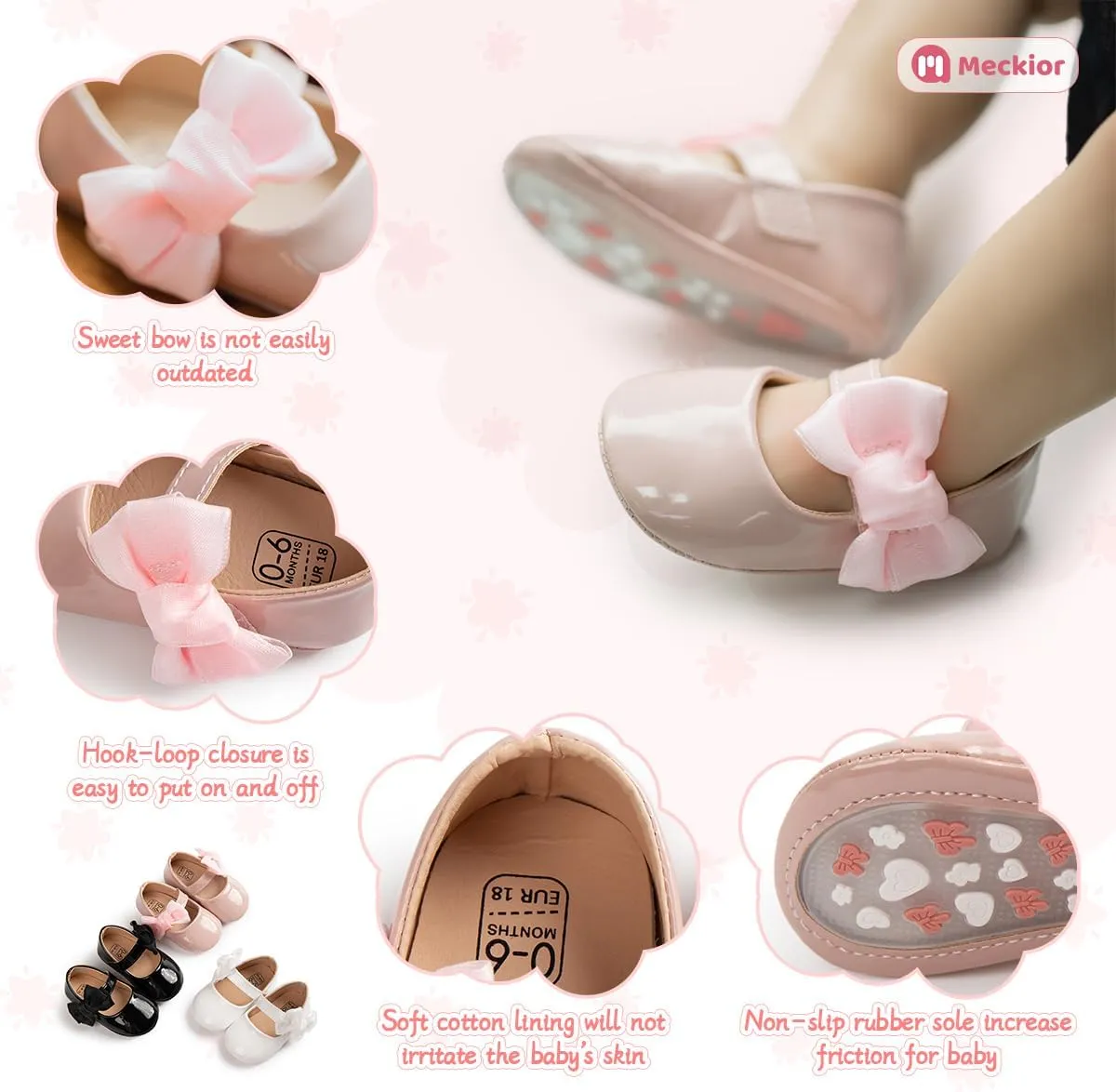 Meckior Infant Baby Girls Soft Sole Bowknot Princess Wedding Dress Mary Jane Flats Prewalker Newborn Light Baby Sneaker Shoes