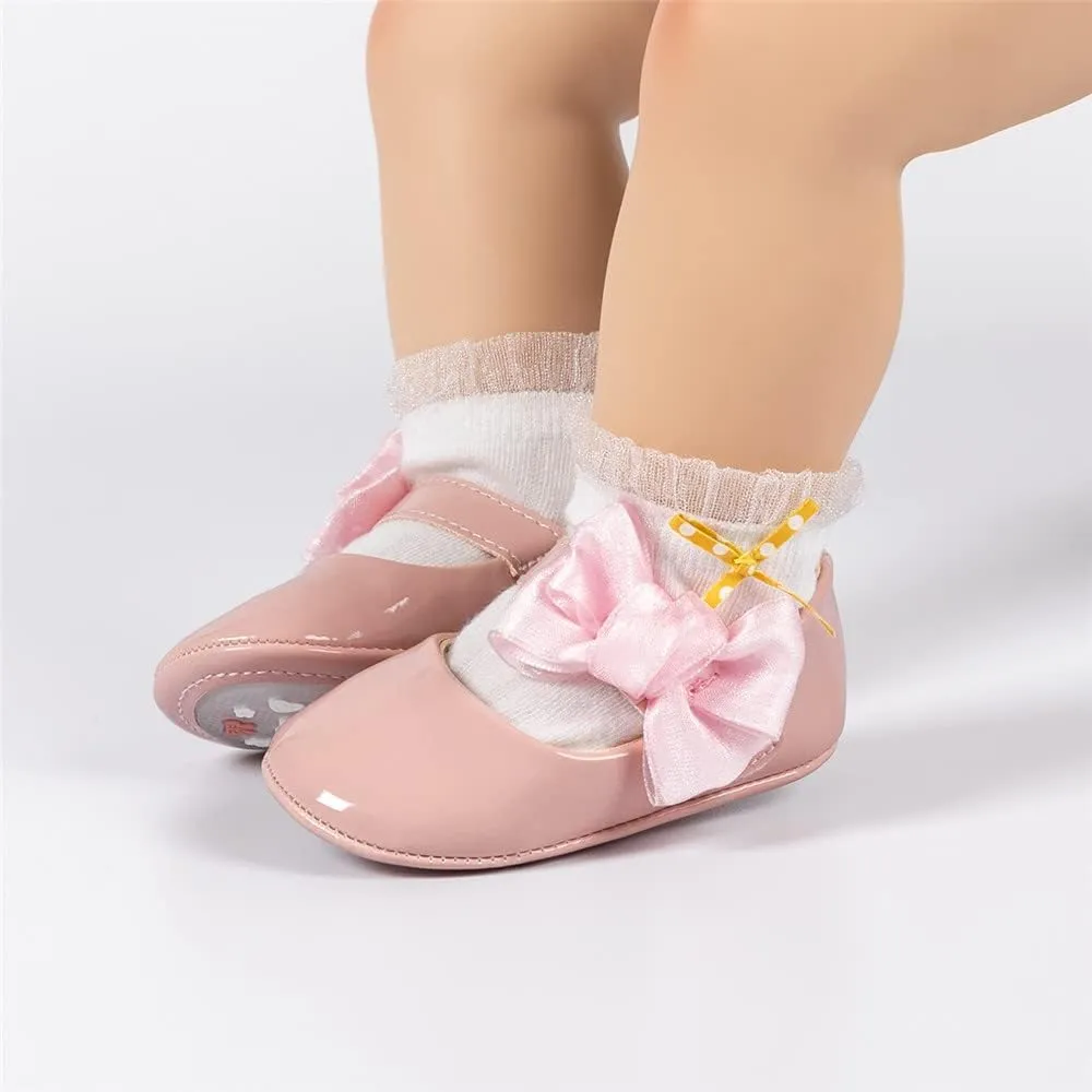 Meckior Infant Baby Girls Soft Sole Bowknot Princess Wedding Dress Mary Jane Flats Prewalker Newborn Light Baby Sneaker Shoes