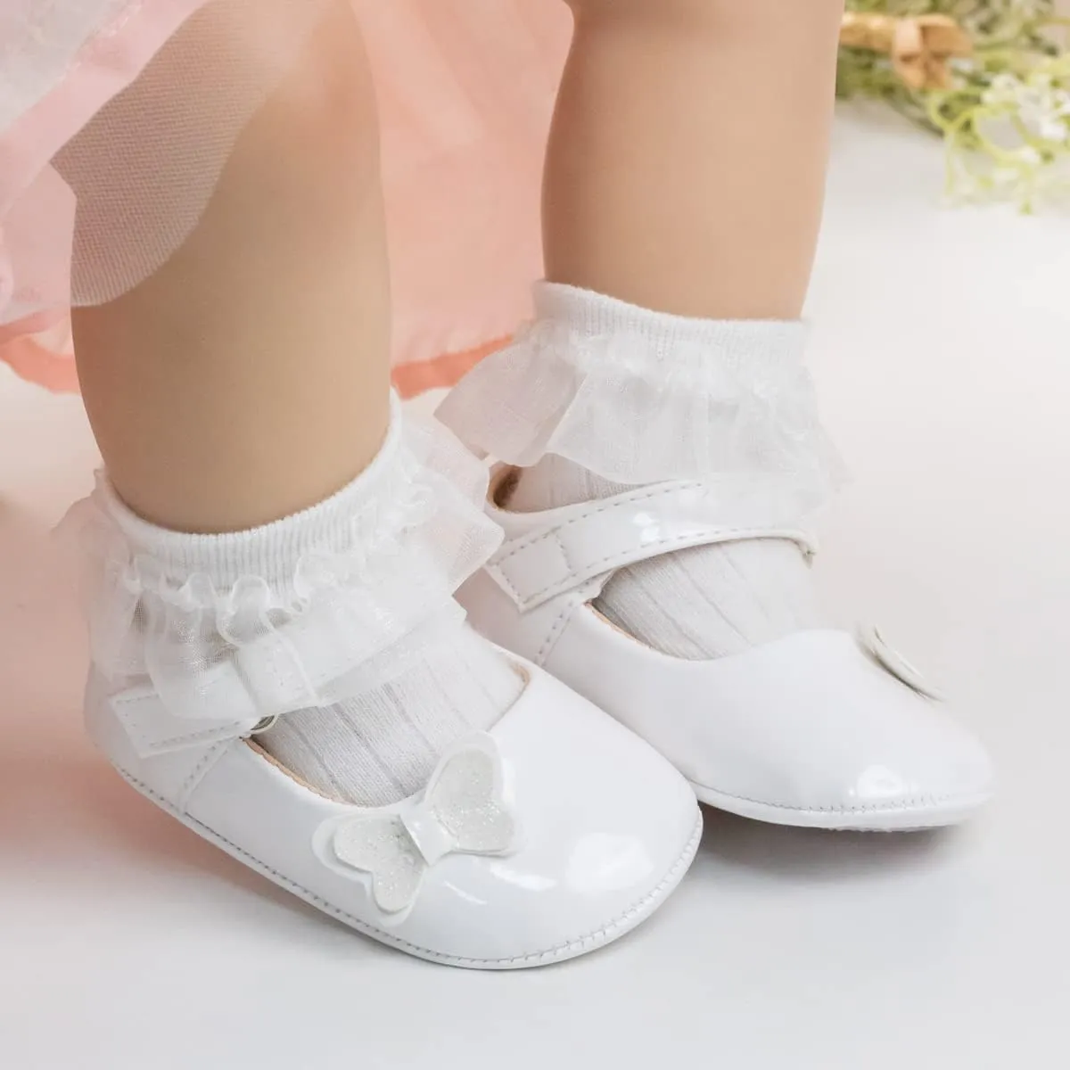 Meckior Infant Baby Girls Soft Sole Bowknot Princess Wedding Dress Mary Jane Flats Prewalker Newborn Light Baby Sneaker Shoes