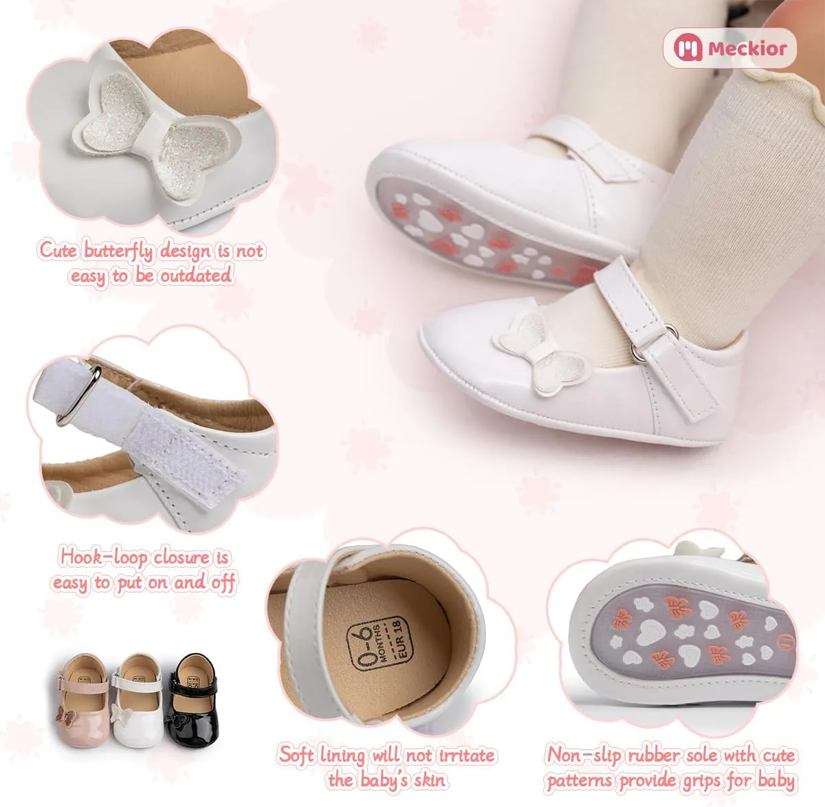 Meckior Infant Baby Girls Soft Sole Bowknot Princess Wedding Dress Mary Jane Flats Prewalker Newborn Light Baby Sneaker Shoes