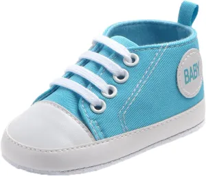 Newborn Baby Girls Boys Canvas Shoes Soft Sole Slip On High Top First Walking Sneaker Flat Lace up (Blue, 12-15Months)
