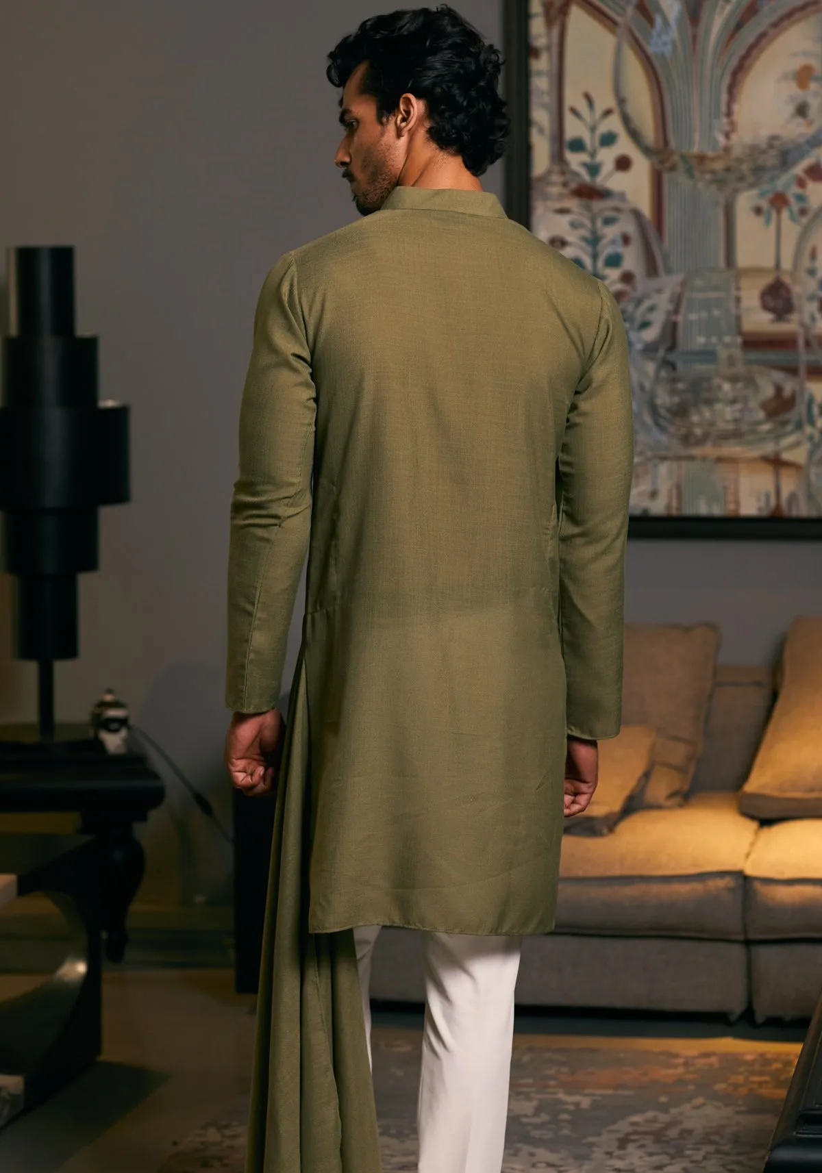 Olive Blended Asymmetric Goe Dragon Kurta Set