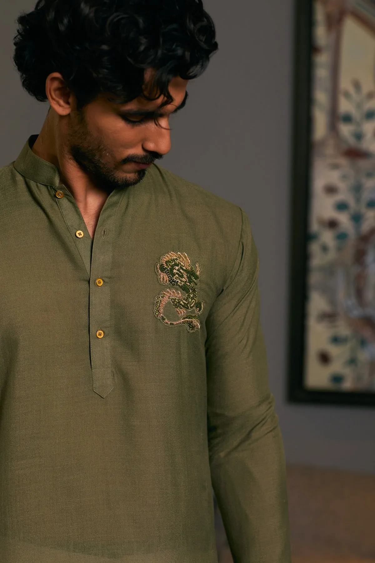 Olive Blended Asymmetric Goe Dragon Kurta Set