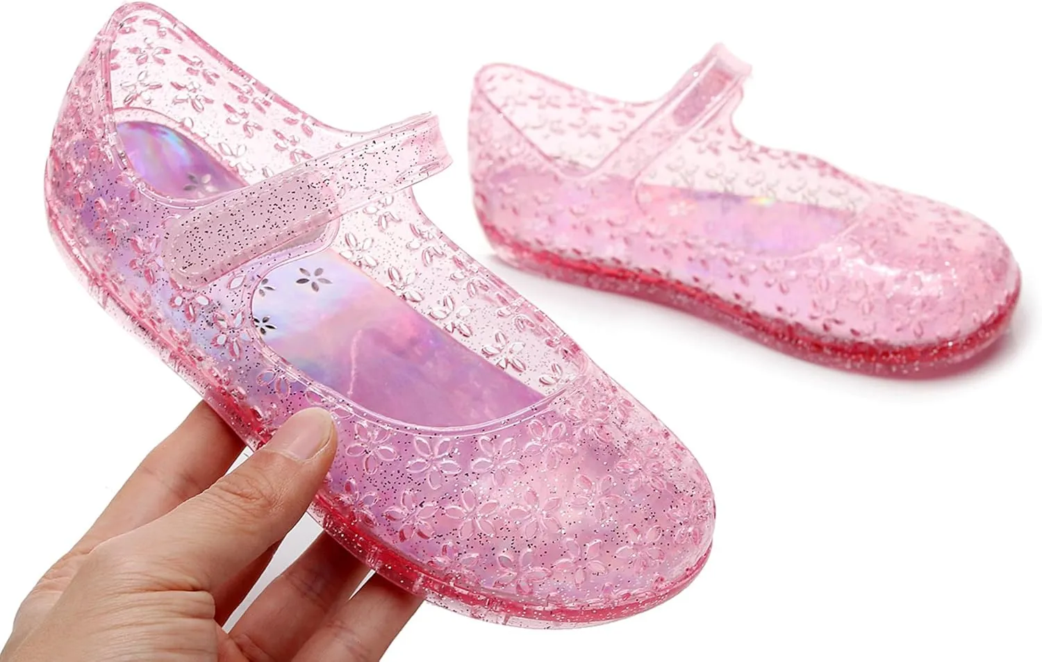 Princess Dress Sandals Jelly Shoes for Toddler Girls Size 8, Blue Bird Nest Layered Lines Mary Jane Flats Childrens Clear Glitter with Hollow-Carved