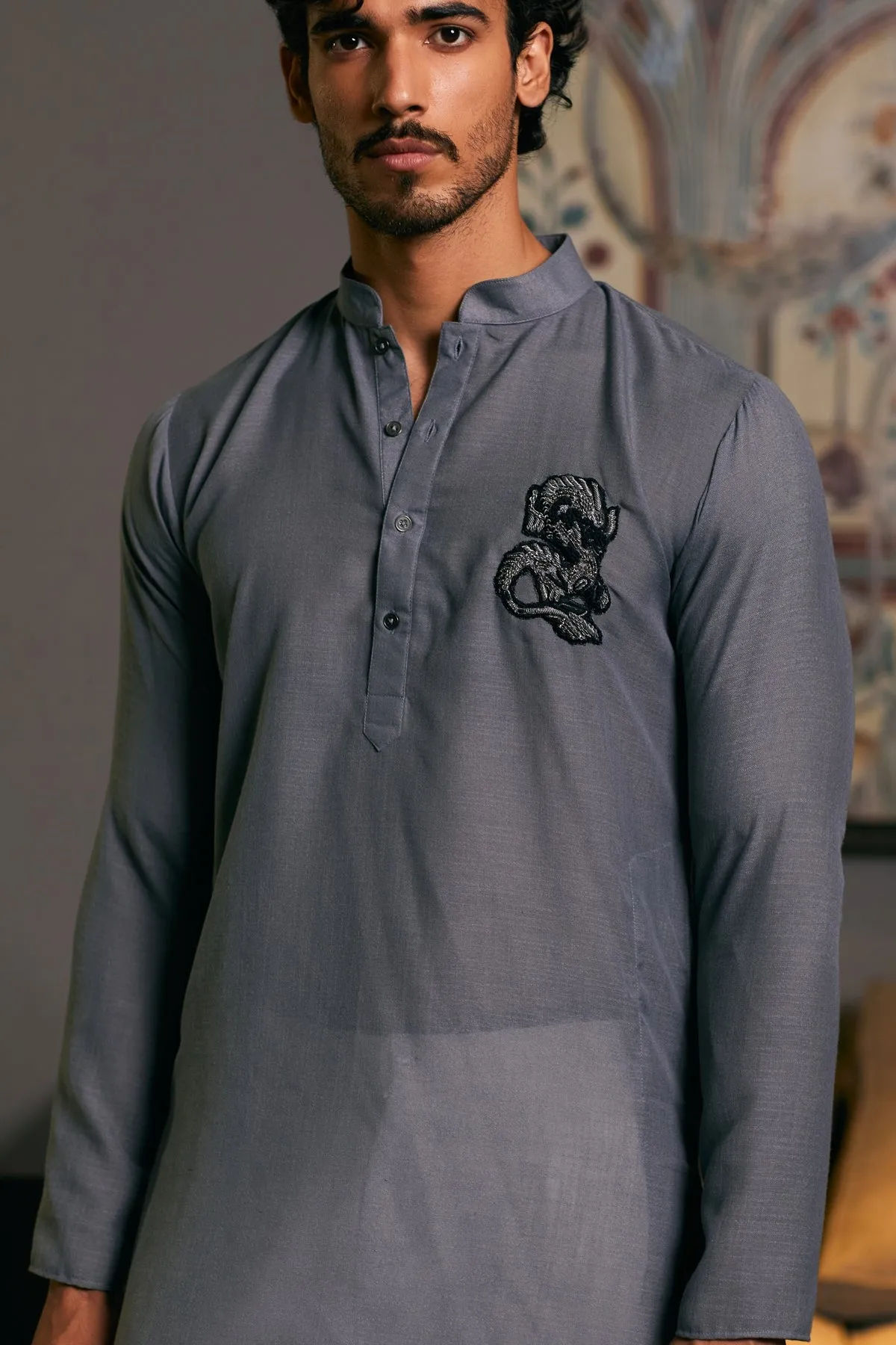 Slate Blended Asymmetric Goe Dragon Kurta Set