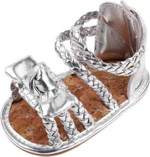 Soft Non-Slip Summer Boys Baby Bow Rubber Sole Flat Walking Sandals Girls Shoes Boys Slide Sandals (Silver, 6-12 Months)