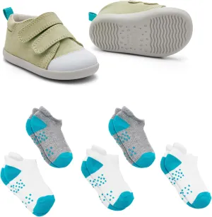 Ten Little First Walker Kids Shoes & Ankle Socks Bundle for Baby & Toddler Boys & Girls, Sage Green Shoe Size 5.5, Ankle Socks with Non-Skid Grips 5 Pk