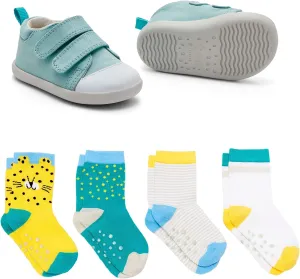 Ten Little First Walker Kids Shoes & Crew Socks Bundle for Baby & Toddler Boys & Girls, Ocean Blue Shoe Size 5.5, Crew Socks with Non-Skid Grips 4 Pk