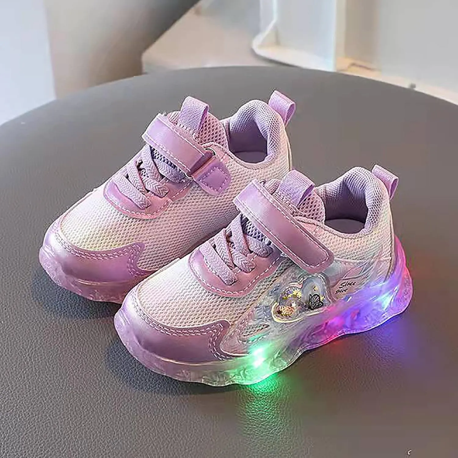 Toddler Baby Girls Mesh Breathable Light Up Sneaker Butterfly Pattern Hook Loop Non Slip Sports Shoes Sports Shoes