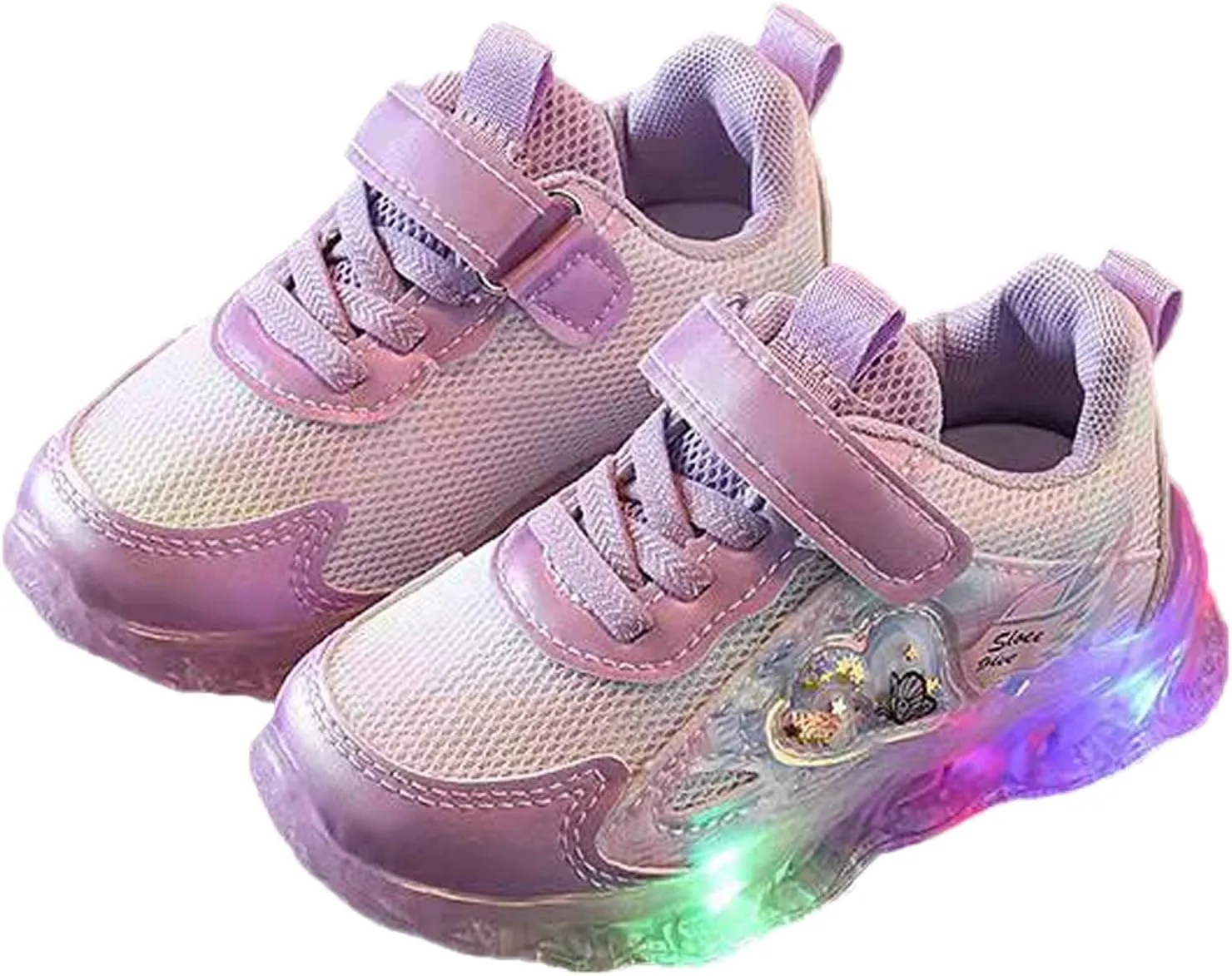 Toddler Baby Girls Mesh Breathable Light Up Sneaker Butterfly Pattern Hook Loop Non Slip Sports Shoes Sports Shoes
