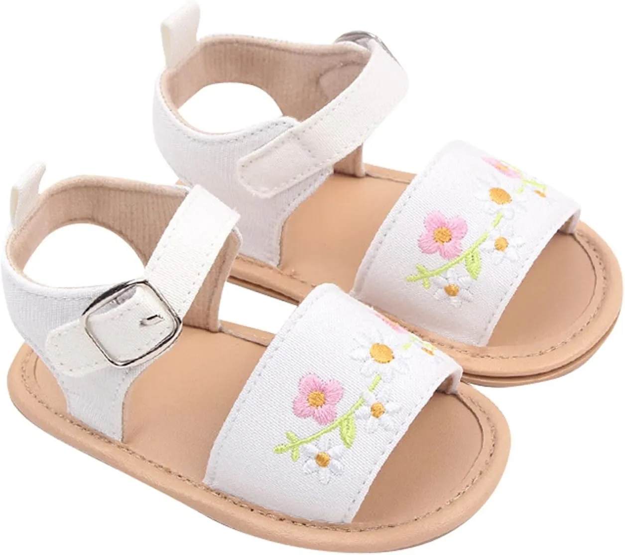 Toddler Baby Girls' Summer Walking Sandals Soft Soled Embroidered Baby Shoes Breathable Outdoor Beach (White, 4 Infant)