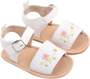 Toddler Baby Girls' Summer Walking Sandals Soft Soled Embroidered Baby Shoes Breathable Outdoor Beach (White, 4 Infant)