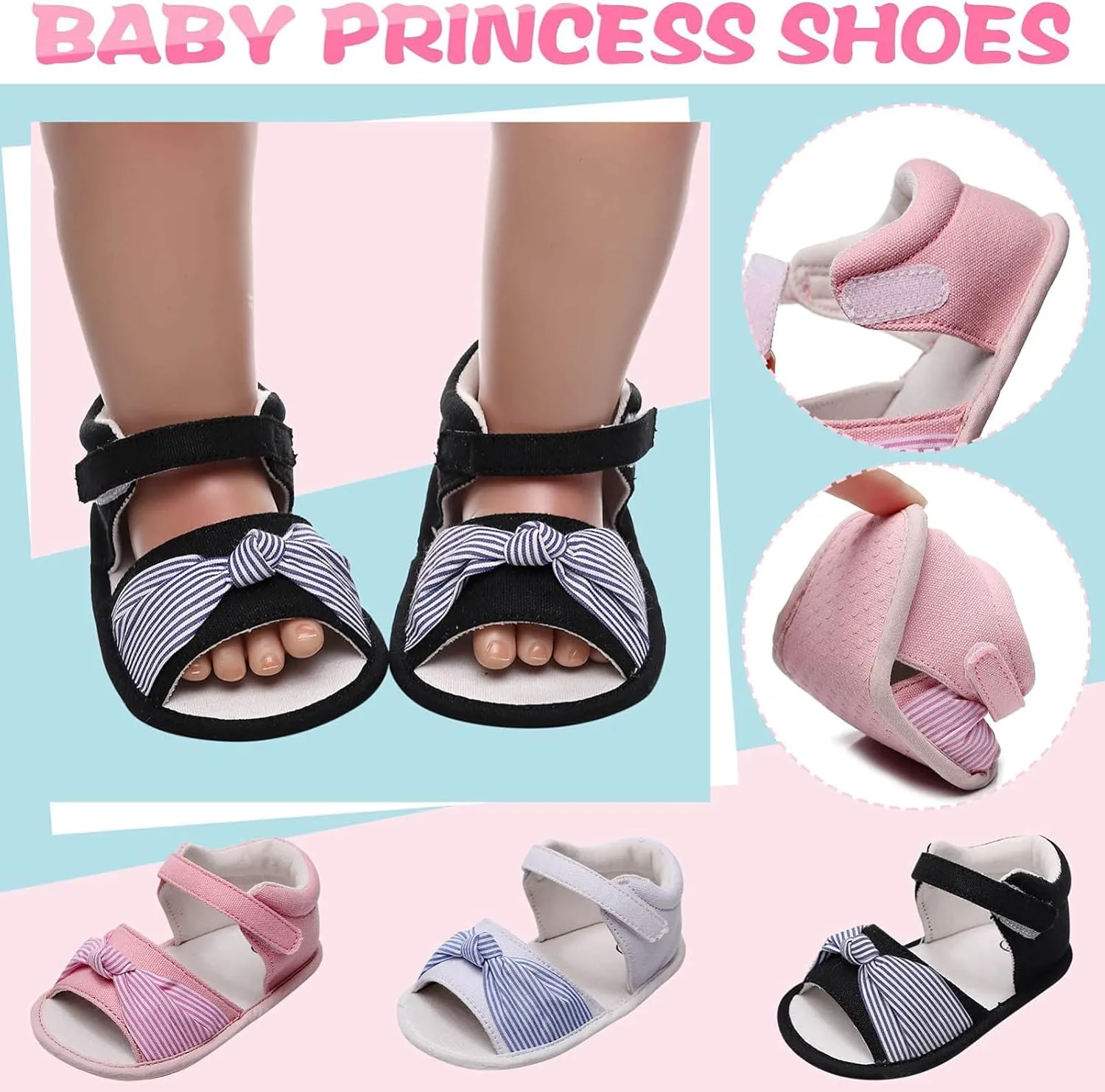 Toddler Canvas Shoes Kids Baby Girls Bow First Walkers Shoes Open Toe Sandals Soft Non-Slip Rubber Sole Prewalker (Black-02#E, 0-6Months)
