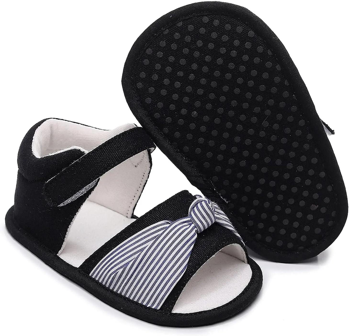 Toddler Canvas Shoes Kids Baby Girls Bow First Walkers Shoes Open Toe Sandals Soft Non-Slip Rubber Sole Prewalker (Black-02#E, 0-6Months)