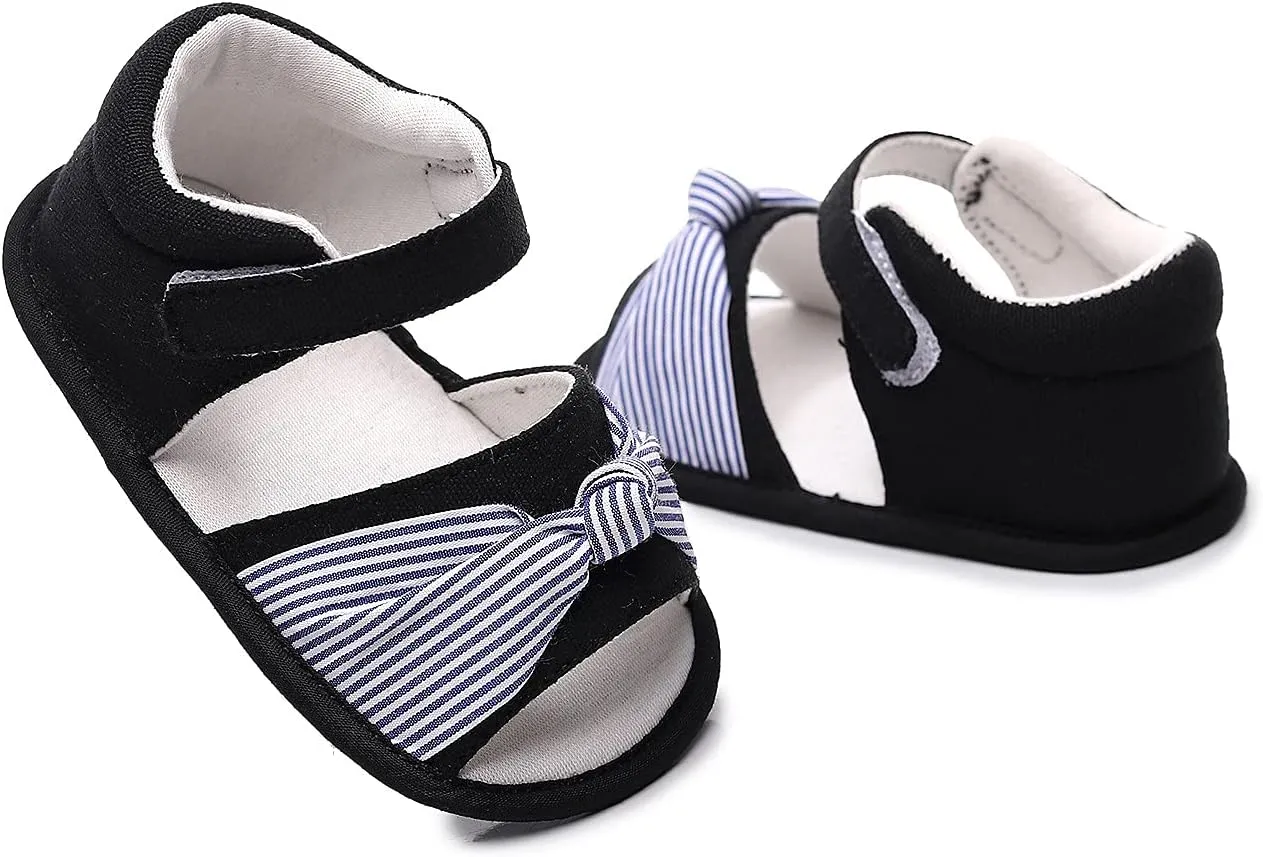 Toddler Canvas Shoes Kids Baby Girls Bow First Walkers Shoes Open Toe Sandals Soft Non-Slip Rubber Sole Prewalker (Black-02#E, 0-6Months)