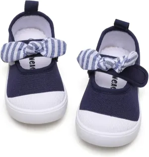 Toddler Girl's Canvas Sneakers Bowknot Mary Jane Flat Shoes for Kids School Uniform Shoes Dress Shoes