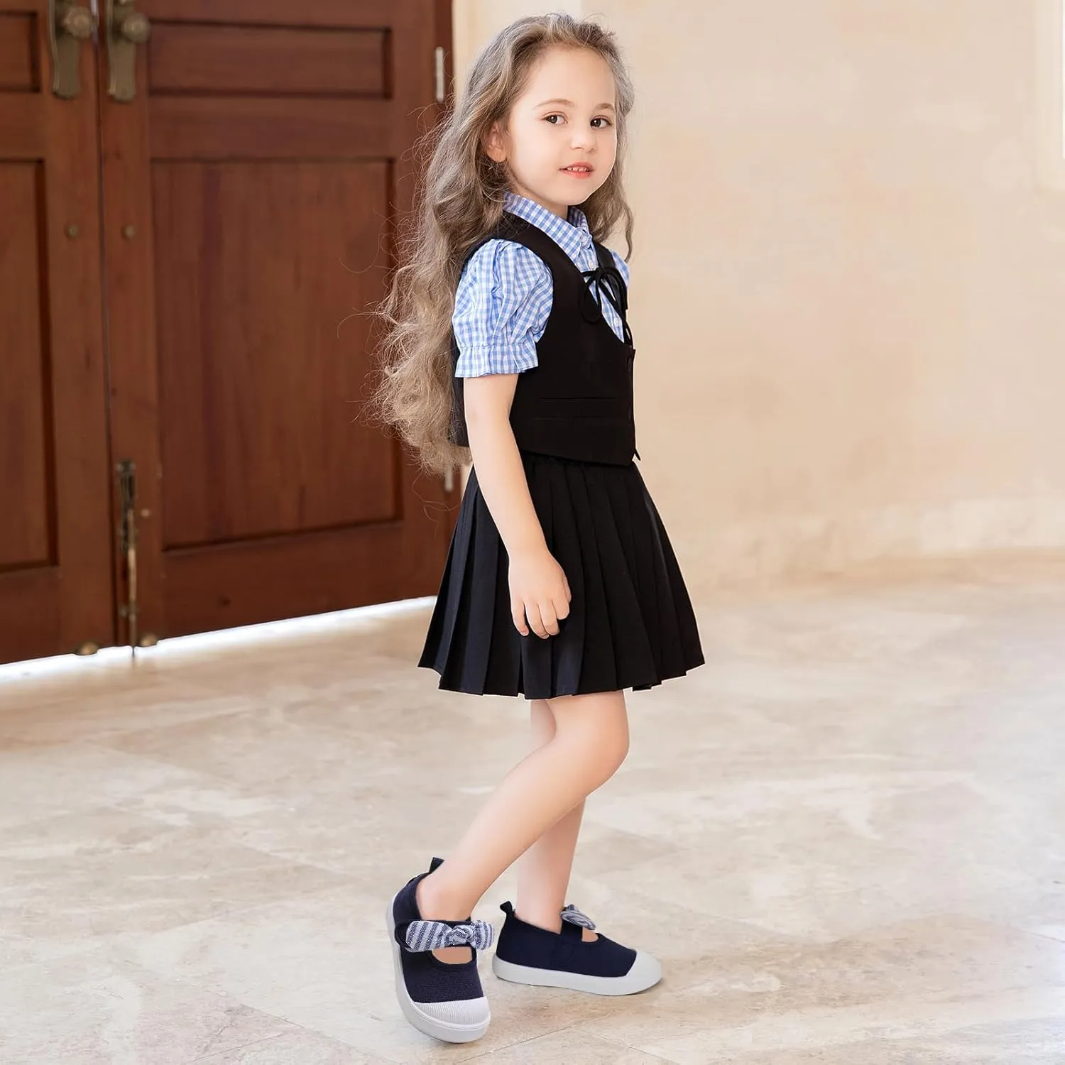 Toddler Girl's Canvas Sneakers Bowknot Mary Jane Flat Shoes for Kids School Uniform Shoes Dress Shoes