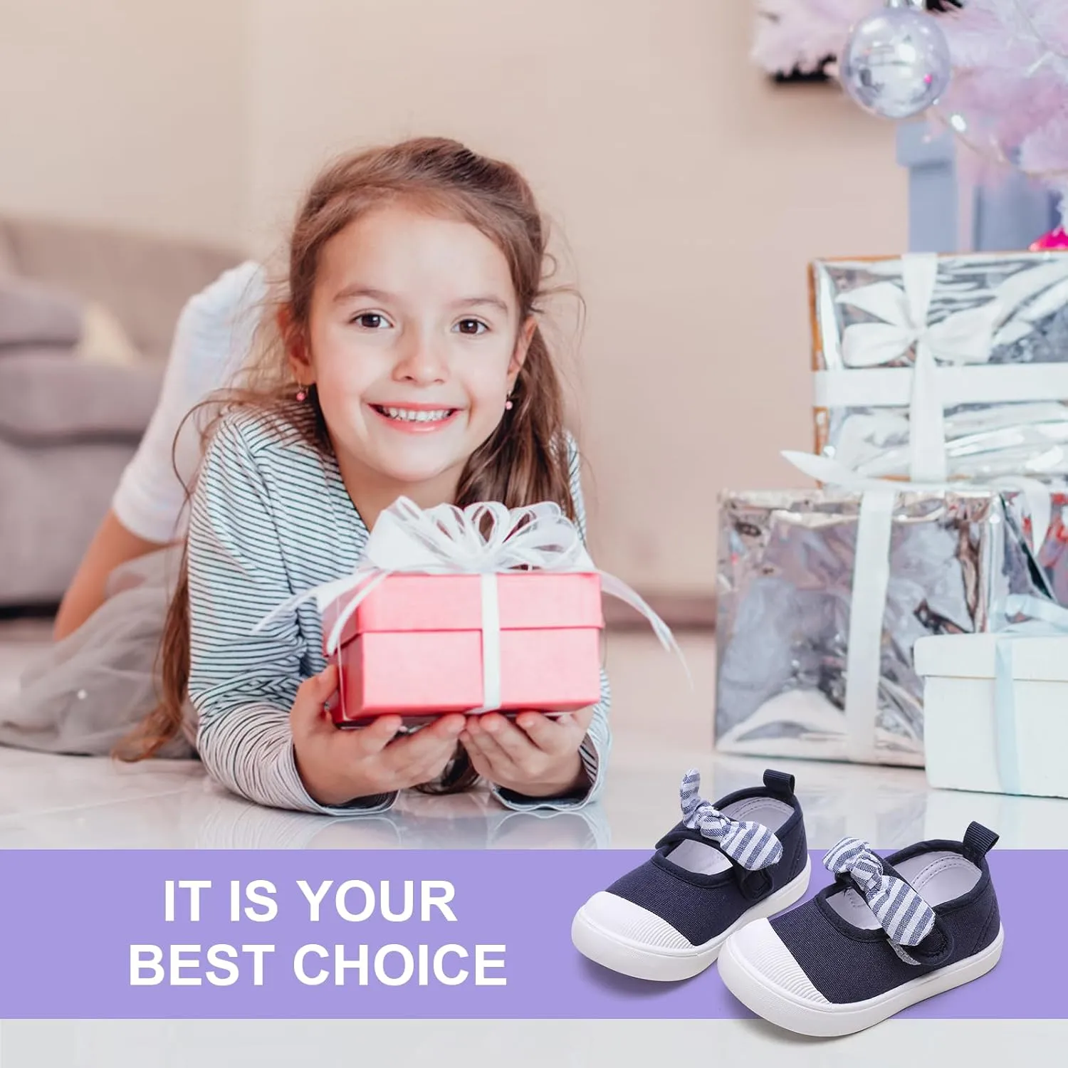 Toddler Girl's Canvas Sneakers Bowknot Mary Jane Flat Shoes for Kids School Uniform Shoes Dress Shoes