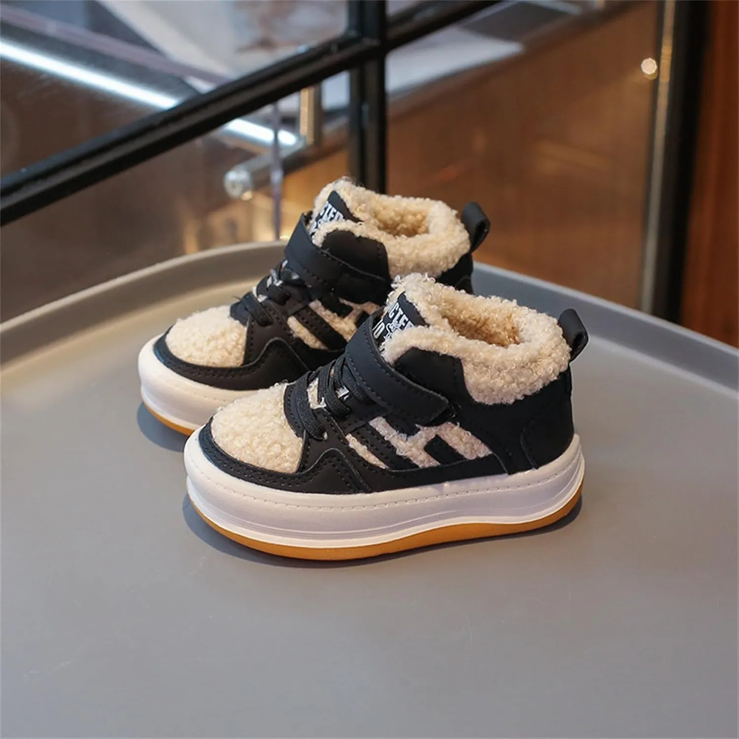 Toddler Kids Fleece Booties Anti-Slip Rubber Soft Sole Sneakers Boys Girls Warm Plush Lined Comfortable Ankle Boots
