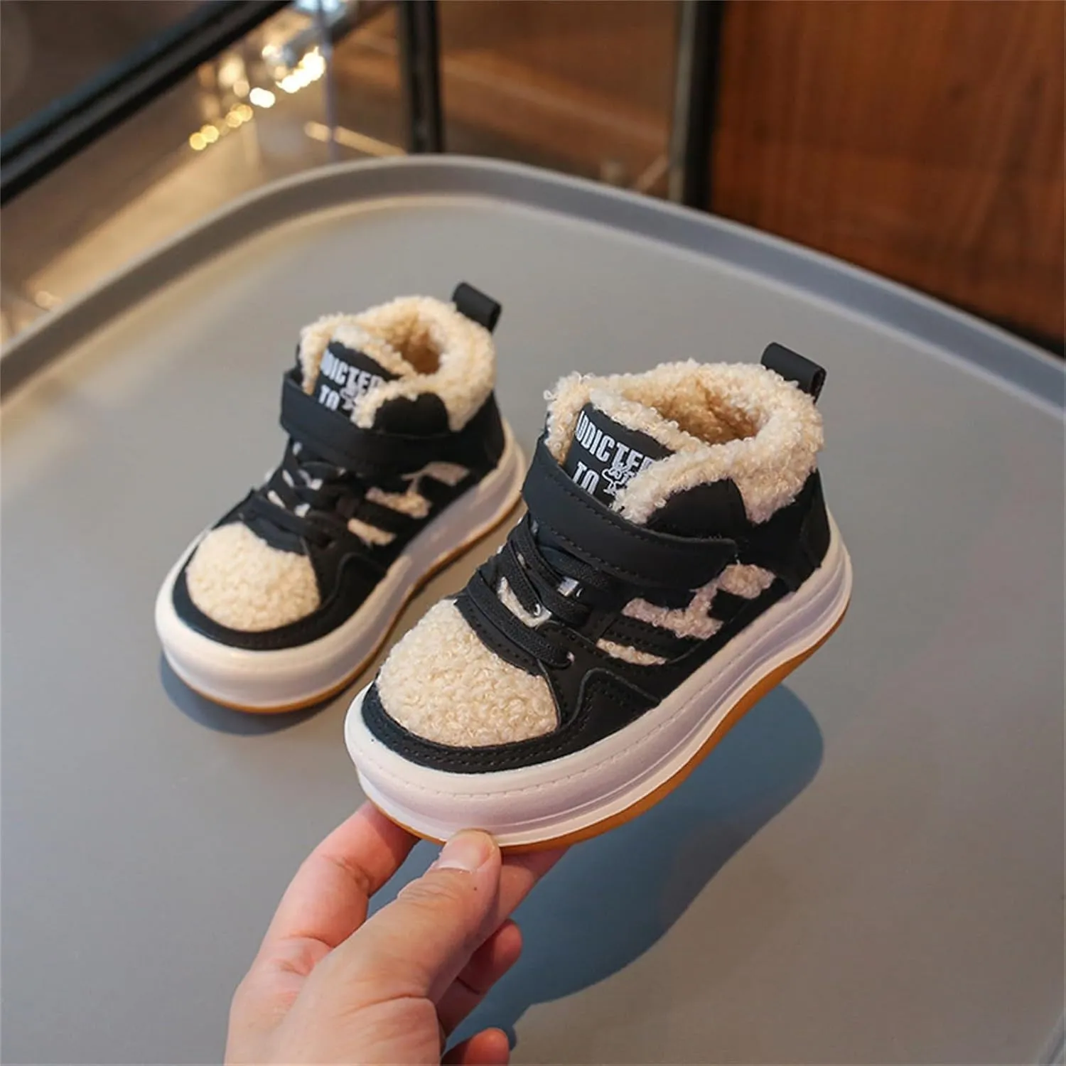 Toddler Kids Fleece Booties Anti-Slip Rubber Soft Sole Sneakers Boys Girls Warm Plush Lined Comfortable Ankle Boots