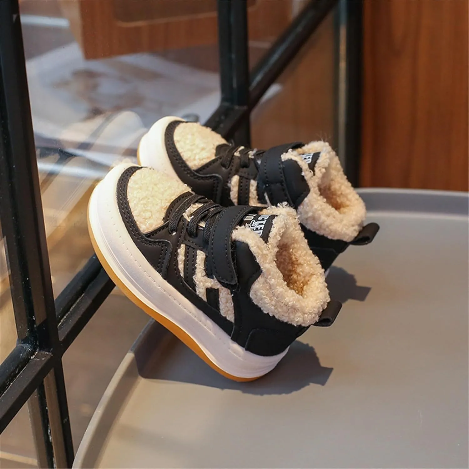 Toddler Kids Fleece Booties Anti-Slip Rubber Soft Sole Sneakers Boys Girls Warm Plush Lined Comfortable Ankle Boots
