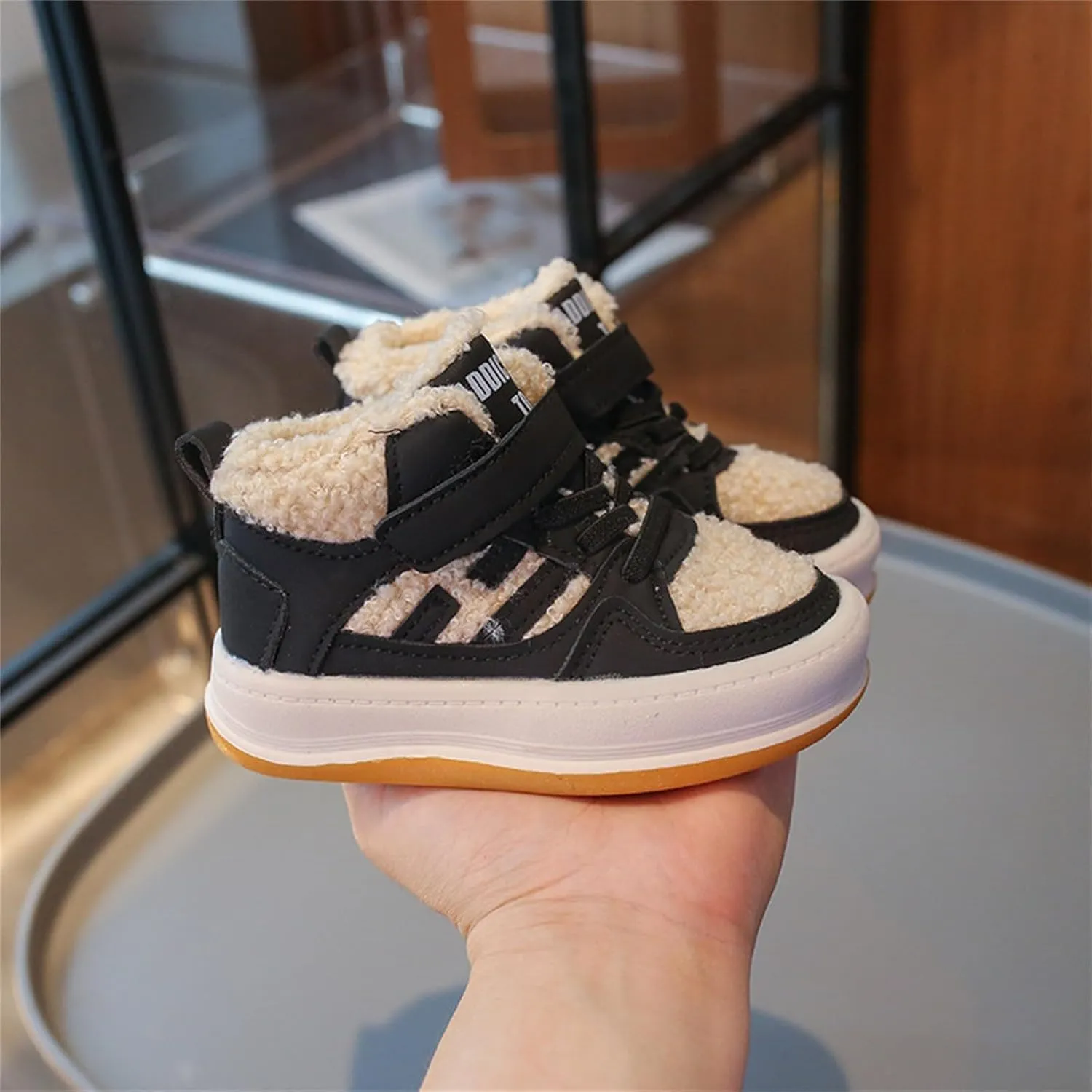 Toddler Kids Fleece Booties Anti-Slip Rubber Soft Sole Sneakers Boys Girls Warm Plush Lined Comfortable Ankle Boots