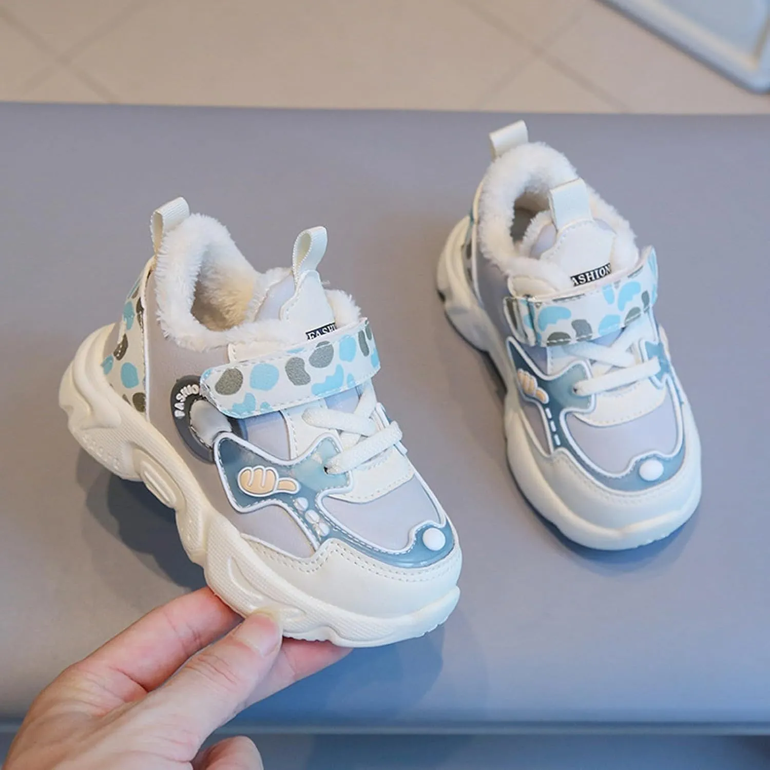 Toddler Kids Sneakers Plush Lined Breathable Tied Hook Loop Casual Shoes Soft Soles Sports Fashion Running Shoes