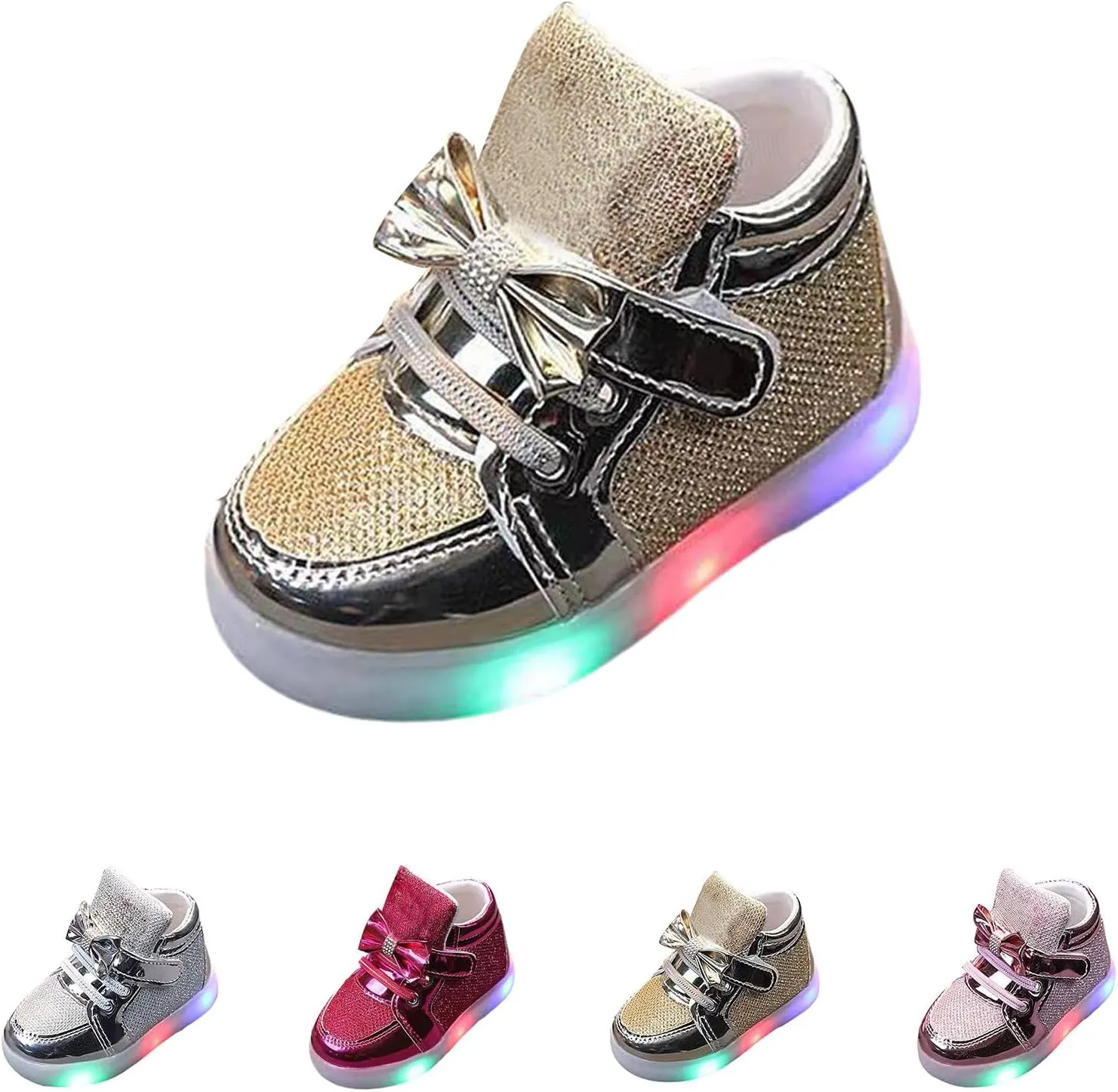 Toddler Led Light Up First Walking Sneaker Baby Infant Newborn Soft Sole Cozy Flat Shoes with Bow Lace-Up Glitter Shoes