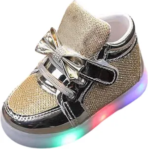 Toddler Led Light Up First Walking Sneaker Baby Infant Newborn Soft Sole Cozy Flat Shoes with Bow Lace-Up Glitter Shoes