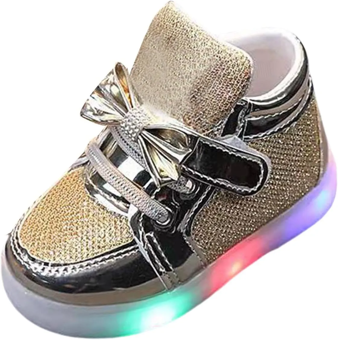 Toddler Led Light Up First Walking Sneaker Baby Infant Newborn Soft Sole Cozy Flat Shoes with Bow Lace-Up Glitter Shoes