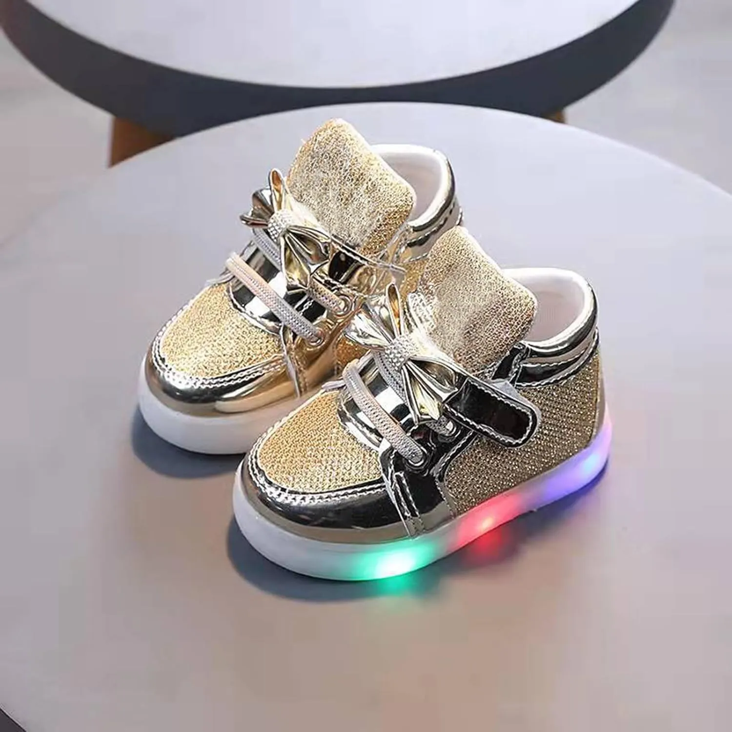 Toddler Led Light Up First Walking Sneaker Baby Infant Newborn Soft Sole Cozy Flat Shoes with Bow Lace-Up Glitter Shoes