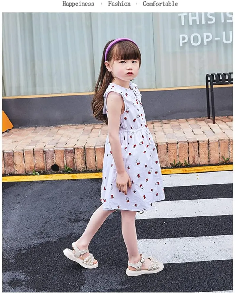 Toddler Little Big Kids Girls Summer Outdoor Pearls Glitter Cute Open Toe Flats Dress Sandals Non-Slip Soft Rubber Sole Summer Walking Shoes