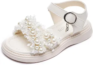 Toddler Little Big Kids Girls Summer Outdoor Pearls Glitter Cute Open Toe Flats Dress Sandals Non-Slip Soft Rubber Sole Summer Walking Shoes