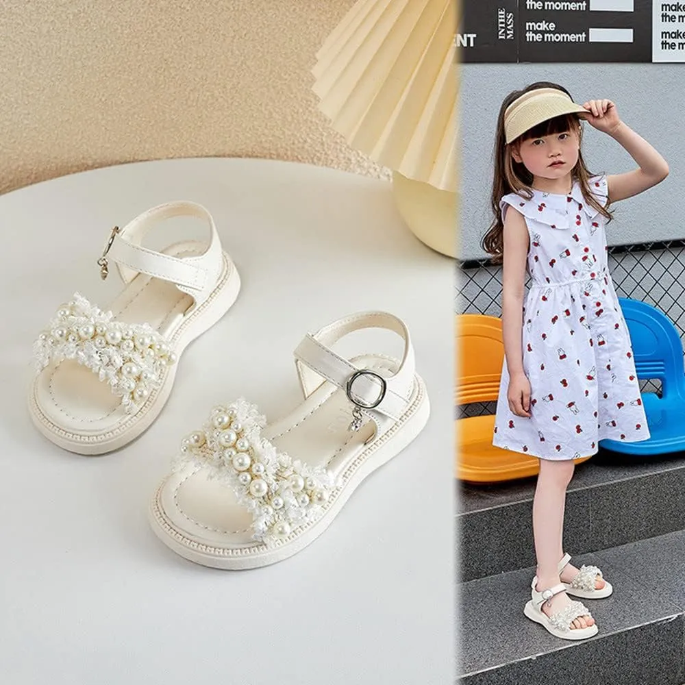 Toddler Little Big Kids Girls Summer Outdoor Pearls Glitter Cute Open Toe Flats Dress Sandals Non-Slip Soft Rubber Sole Summer Walking Shoes