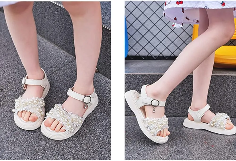 Toddler Little Big Kids Girls Summer Outdoor Pearls Glitter Cute Open Toe Flats Dress Sandals Non-Slip Soft Rubber Sole Summer Walking Shoes