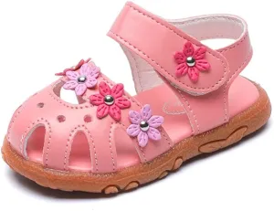 Toddler Little Girl's Summer Soft Closed-Toe Princess Flower Outdoor Casual Sandals for Kid Girl Lightweight Anti-Slip Leather Flats