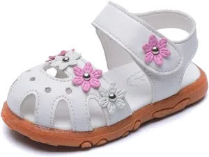 Toddler Little Girl's Summer Soft Closed-Toe Princess Flower Outdoor Casual Sandals for Kid Girl Lightweight Anti-Slip Leather Flats